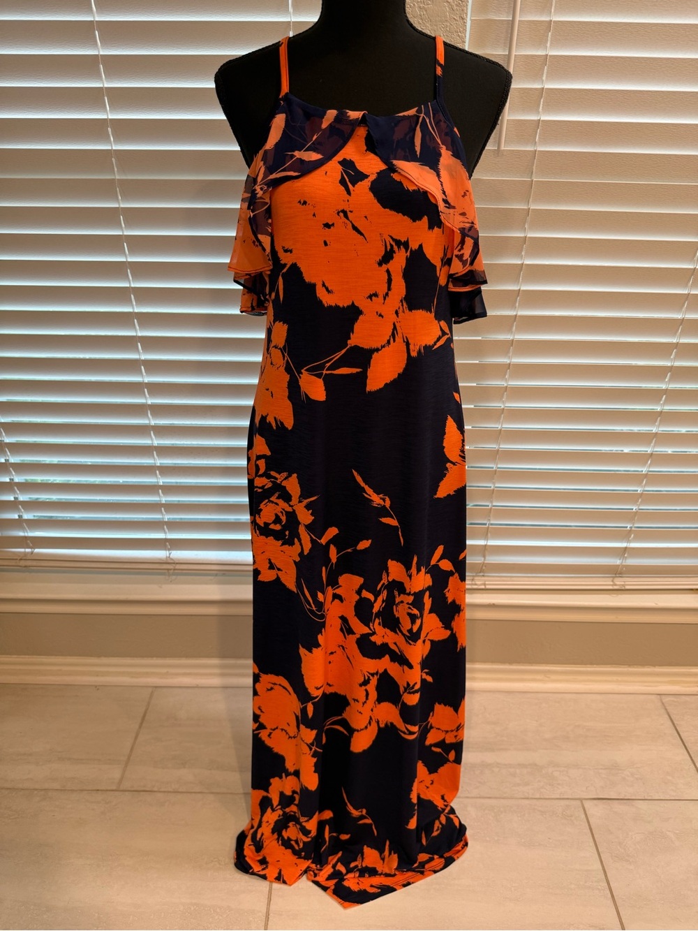 Navy and Orange Floral Ruffle Strap Maxi Dress